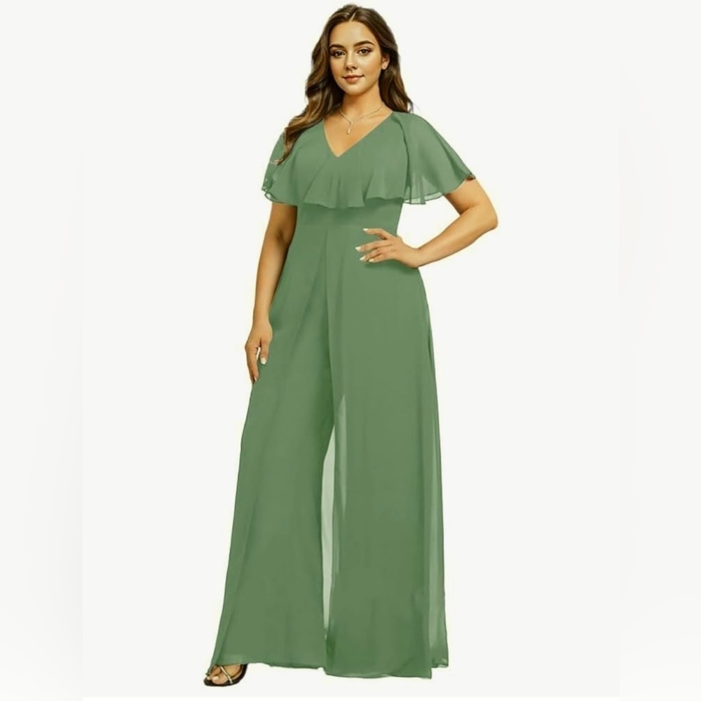 Women’s Jumpsuit Romper Pants suit Sage Green Ruffle Flutter Overlay Sz 12 NWT